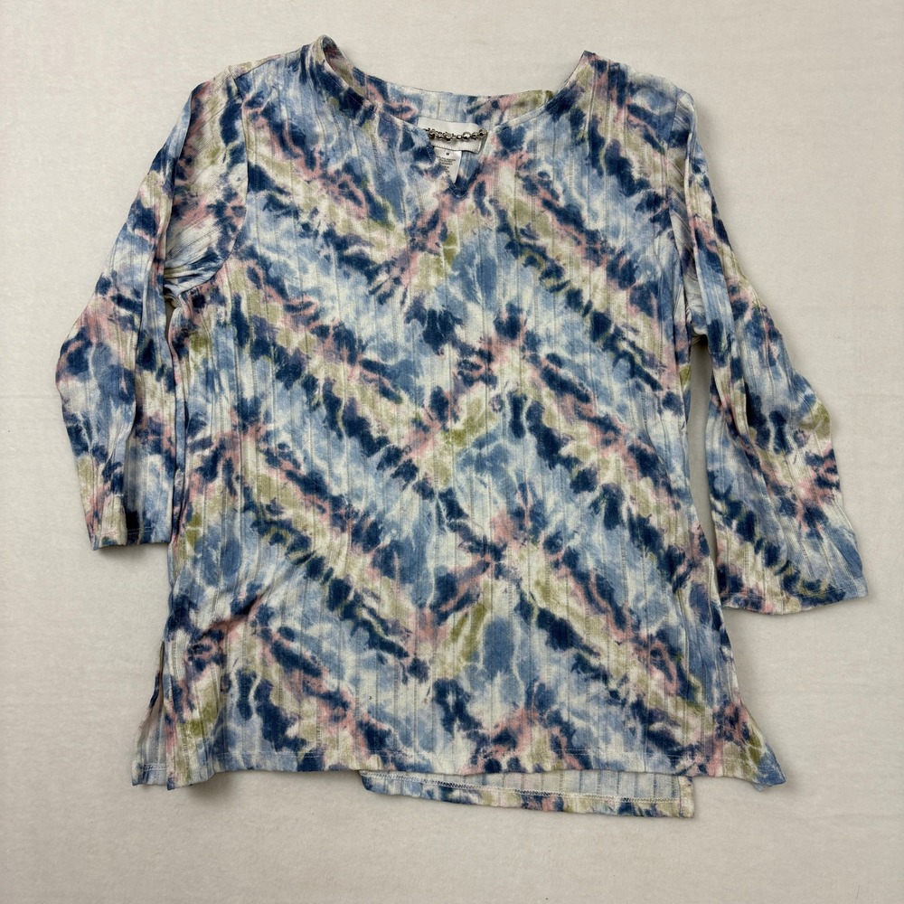 Alfred Dunner Womens Blue Pink Tie Dye Ribbed V-Neck Blouse Silver Beads Size M